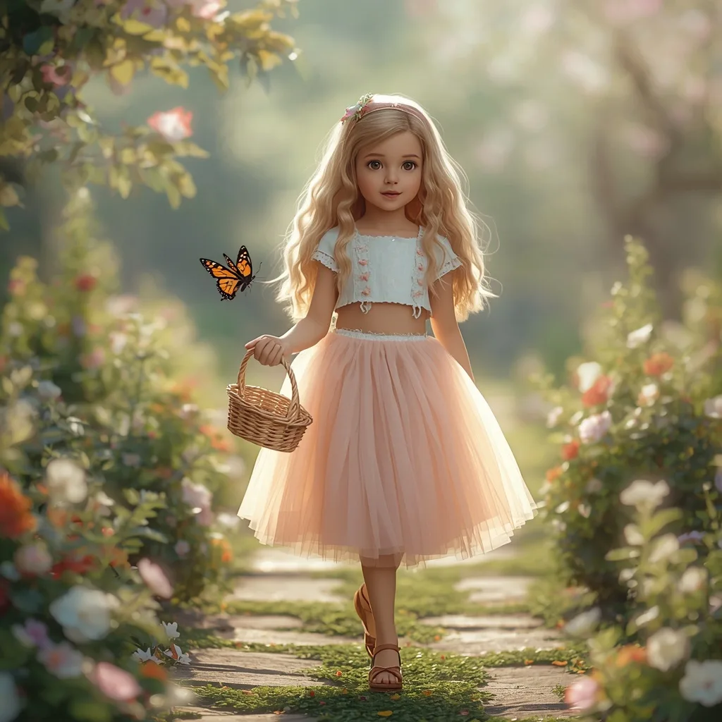 A Cute Girl's Dreamy Stroll in a Pastel Tulle Skirt and Blouse
