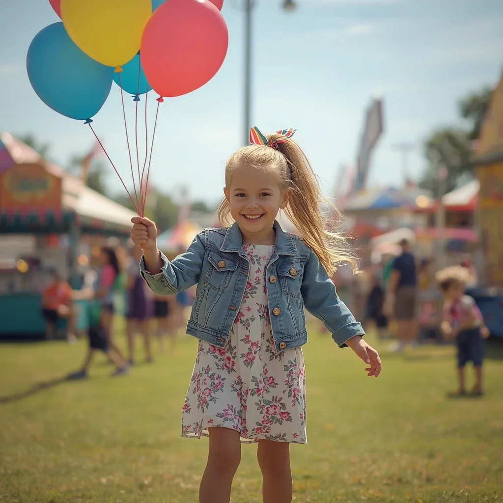 A Cute Girl's Enthusiastic Play with Balloons at a Fair – elegant girls vintage ai prompts – AI generated example