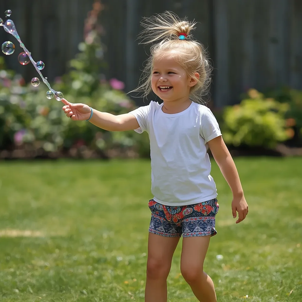 A Cute Girl's Giggles in a T-shirt and Shorts Playing with Bubbles – elegant girls vintage ai prompts – AI generated example