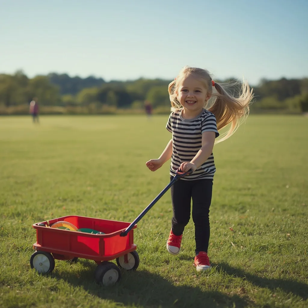 A Cute Girl's Joyful Excursion with a Red Wagon in a Park – elegant girls vintage ai prompts – AI generated example