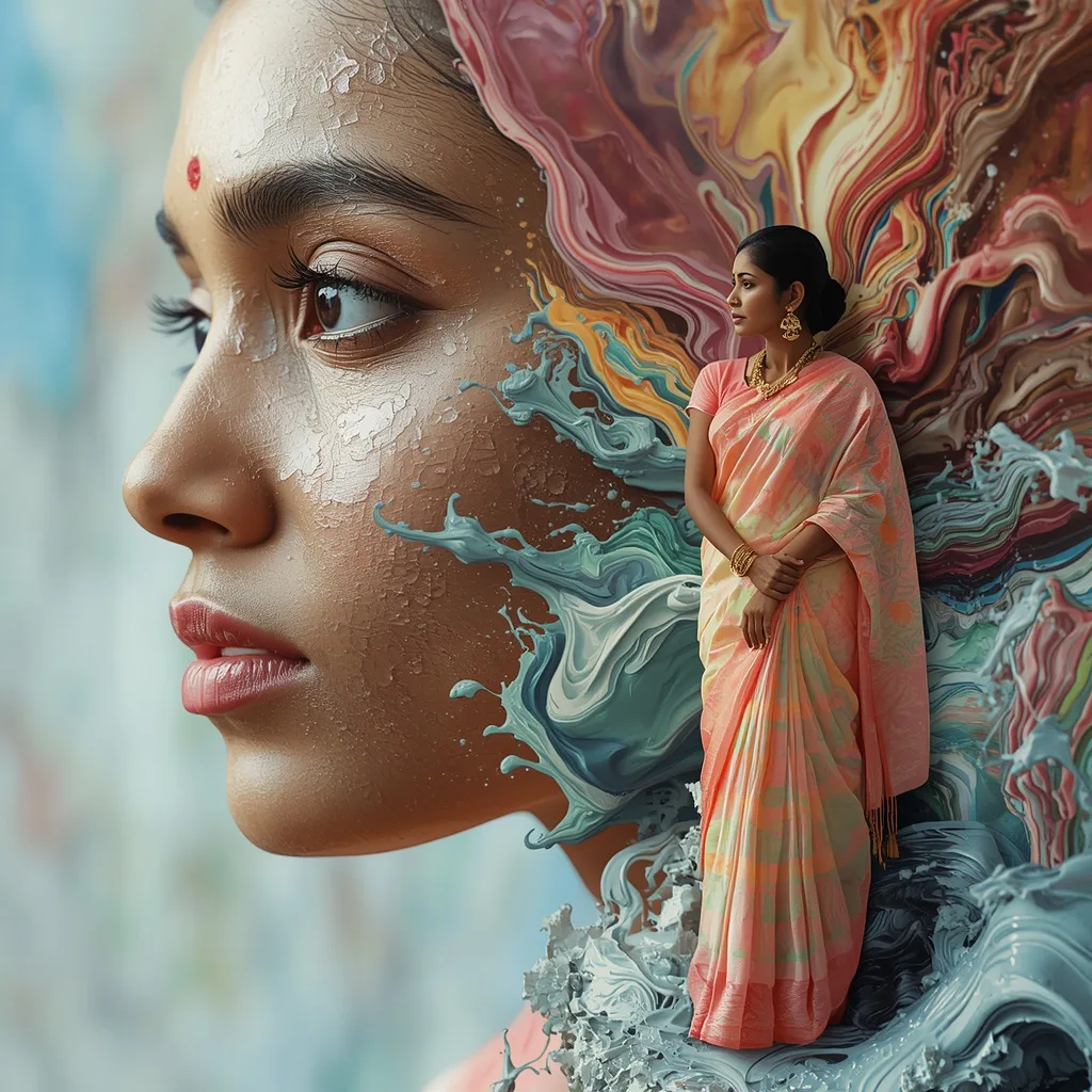 Artistic Flowing Paint Waves Saree – chatgpt saree in ai prompts – AI generated example