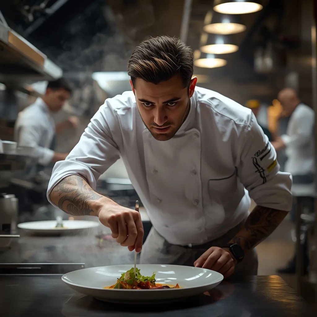 Chef's Passion: A Man's Focused Moment in a Bustling Kitchen