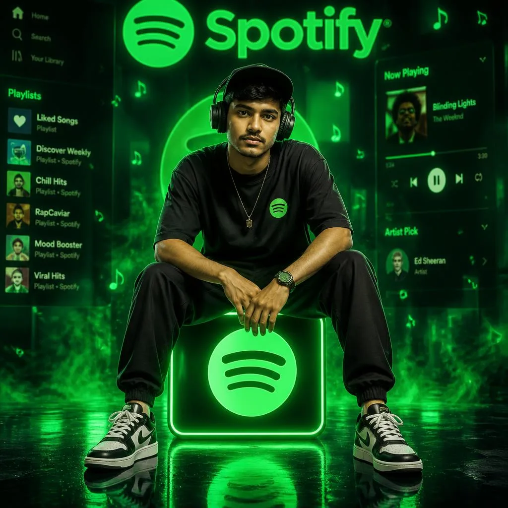 Cinematic Neon Spotify-Themed Portrait of a Music Icon
