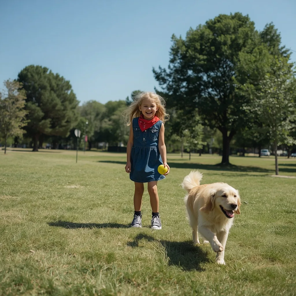 Cute Girl in Western Dress, Playing Fetch with a Dog in a Park
