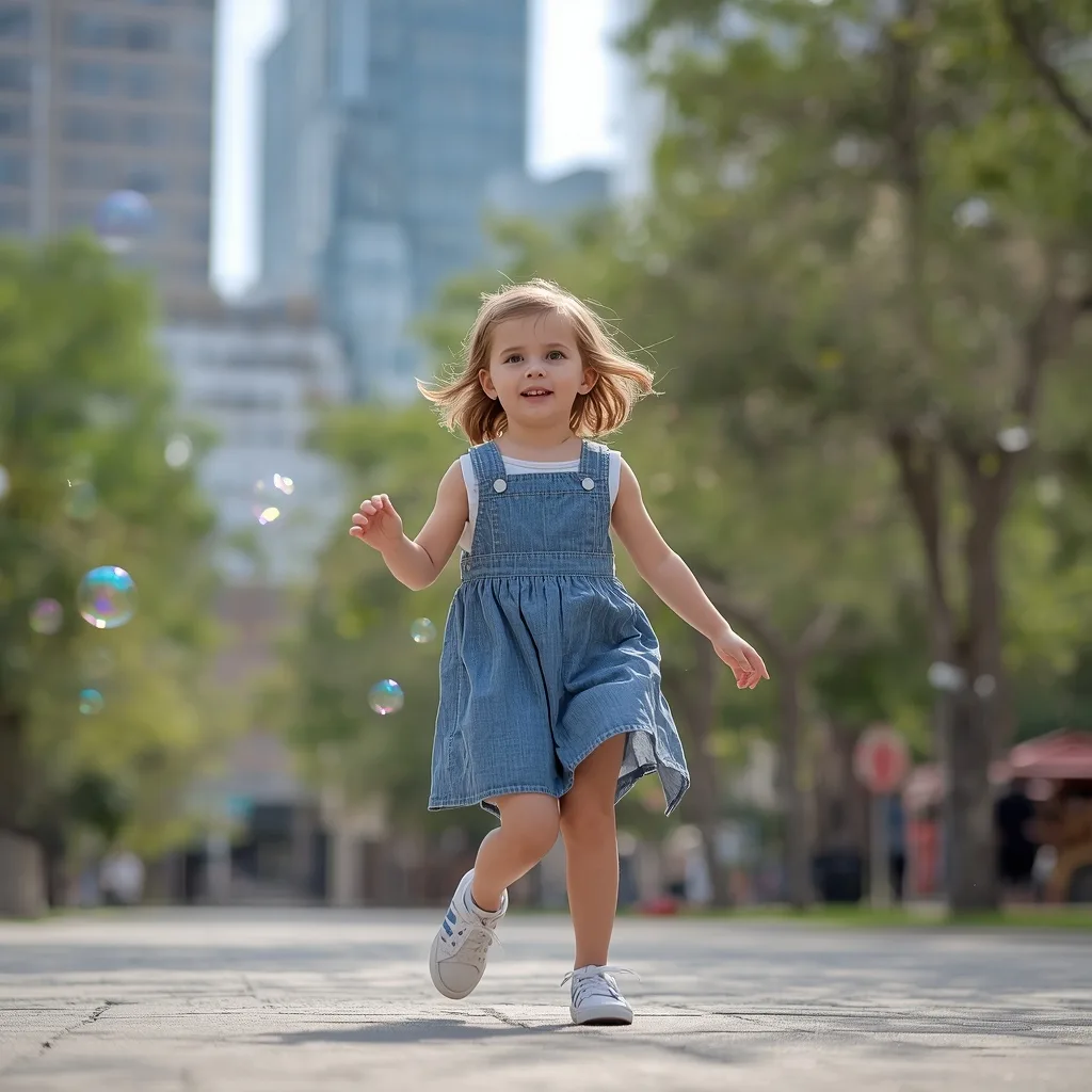 Cute Girl in Western Dress, Playing with Bubbles in an Urban Park