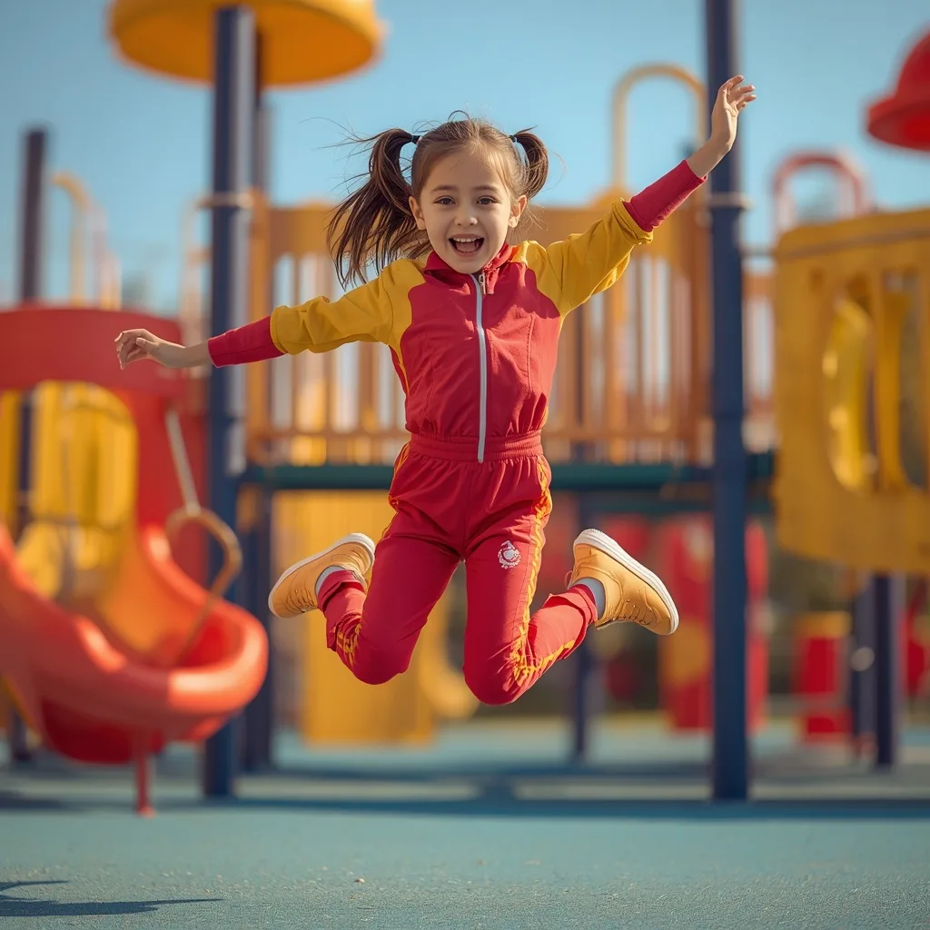 Cute Girl's Energetic Leap on a Colorful Playground – elegant girls vintage ai prompts – AI generated example