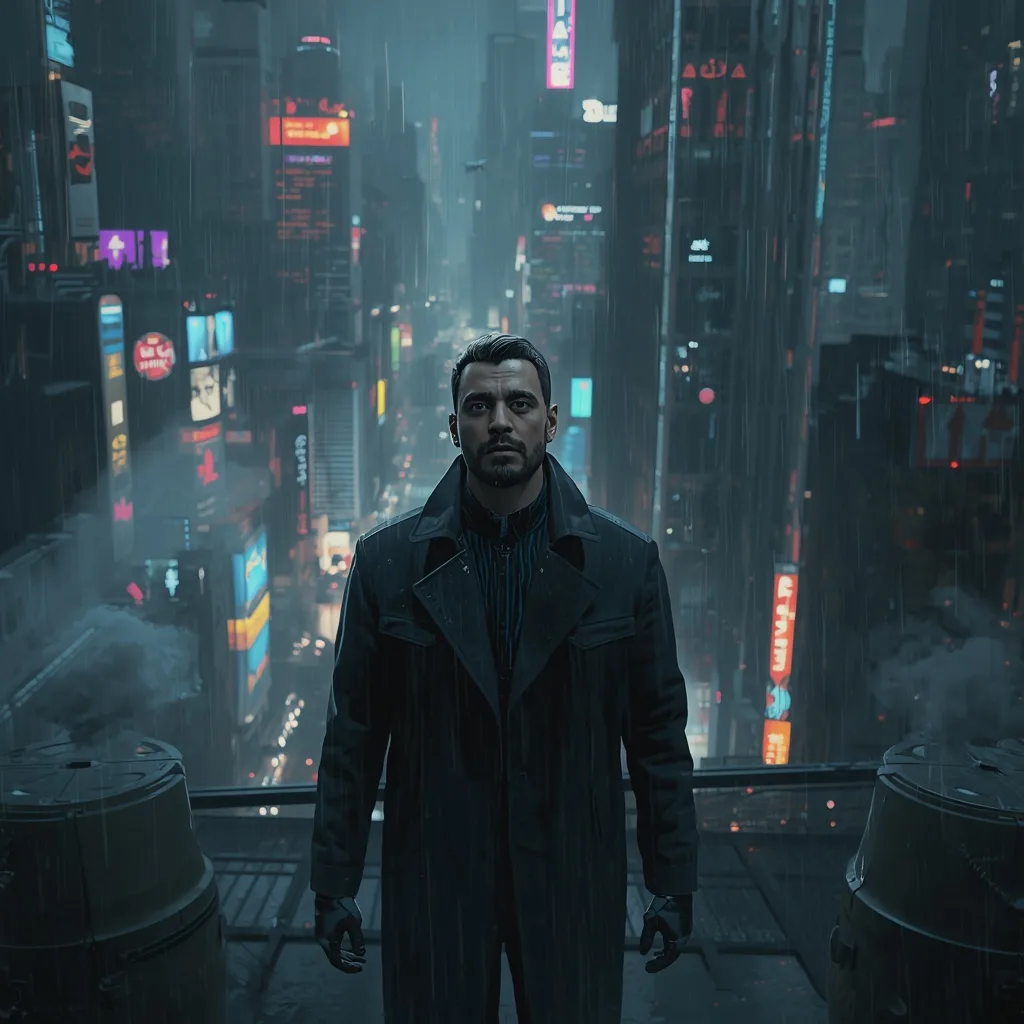 Cyberpunk City Nights: Lone Man's Pensive Gaze – handsome boy's ai prompts – AI generated example