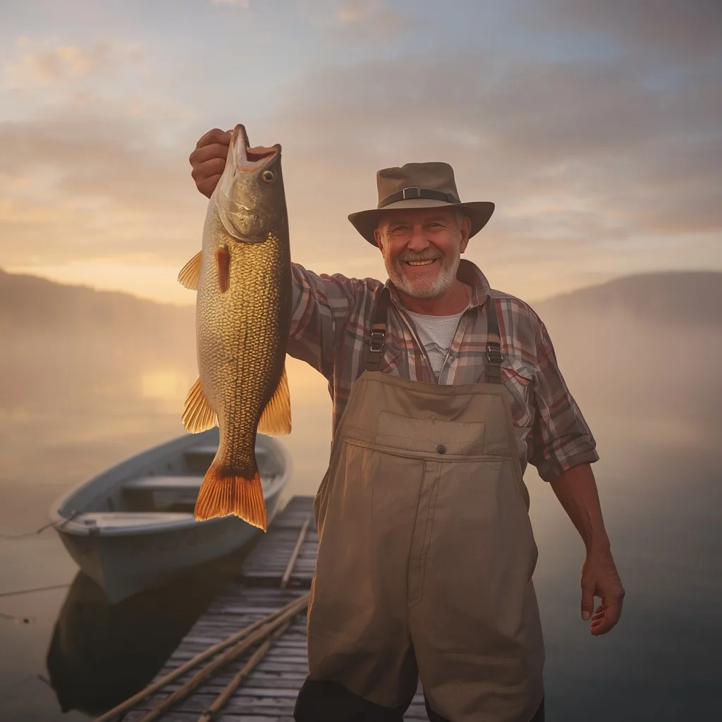 Fisherman's Joy: Man with His Catch at Sunrise – handsome boy's ai prompts – AI generated example