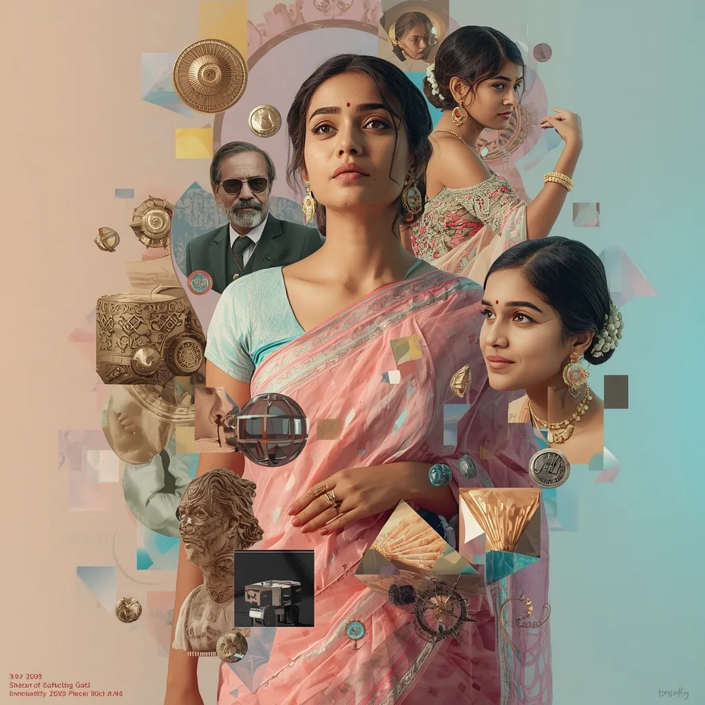Historical Artifacts and Tech Saree Collage – chatgpt saree in ai prompts – AI generated example