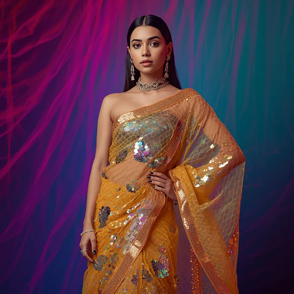 Iridescent Scale Sequins Golden Saree – chatgpt saree in ai prompts – AI generated example
