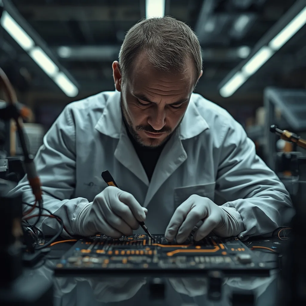 Man's Focused Craftsmanship in a Modern Electronics Lab