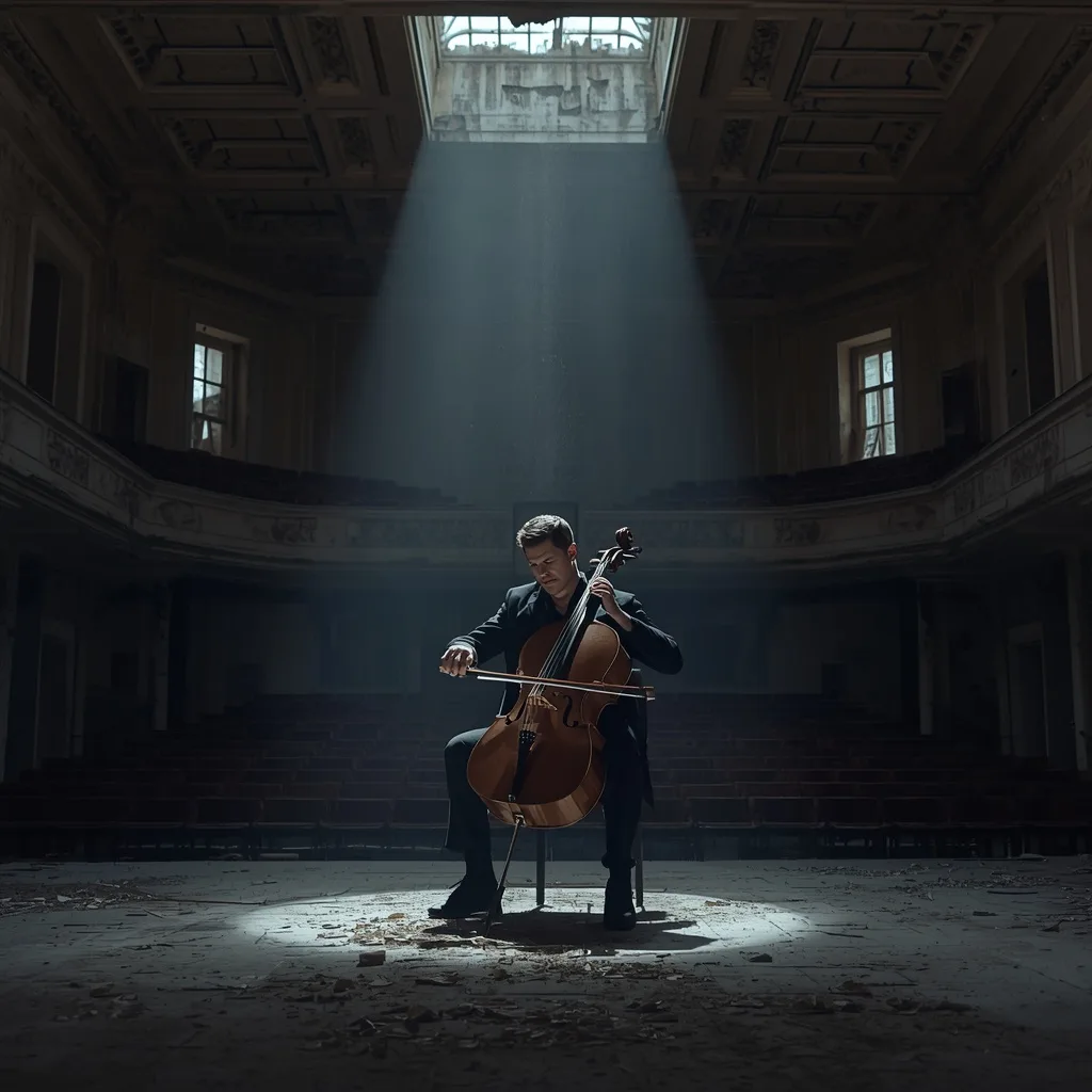 Melancholic Musician: Man Playing Cello in an Abandoned Hall – handsome boy's ai prompts – AI generated example