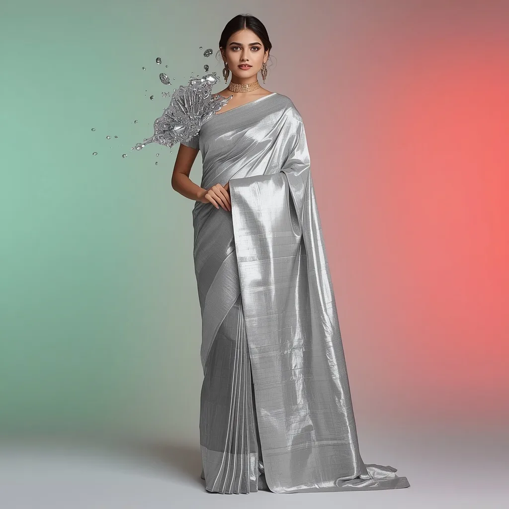 Molten Silver Splash Saree – chatgpt saree in ai prompts – AI generated example