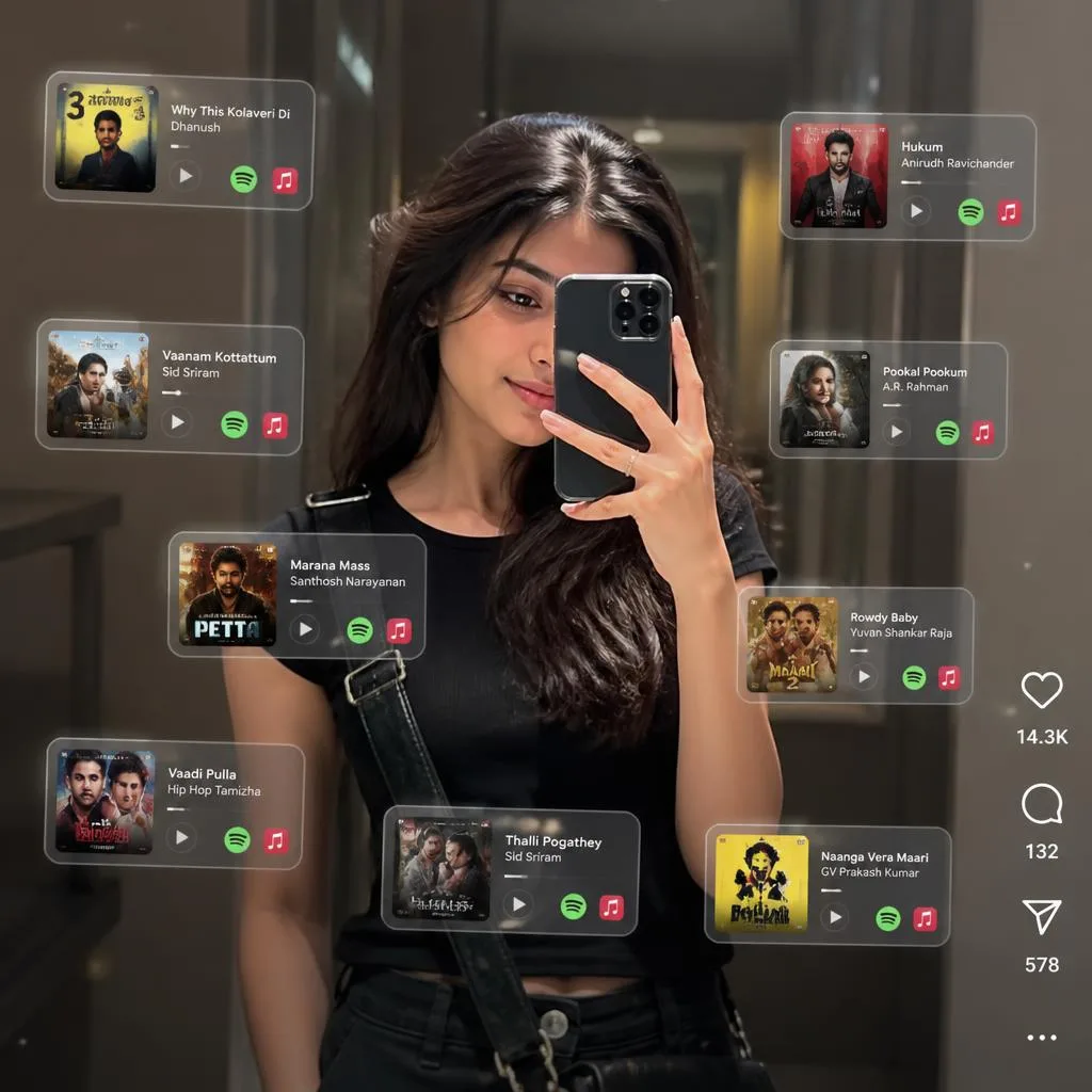 Realistic Mirror Selfie with Floating Tamil Music Cards – realistic photo dslr ai prompts – AI generated example