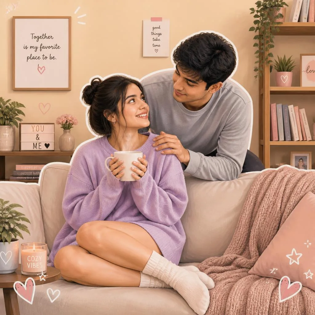 Romantic Couple's Pastel Sticker Art: Cozy Home Date
