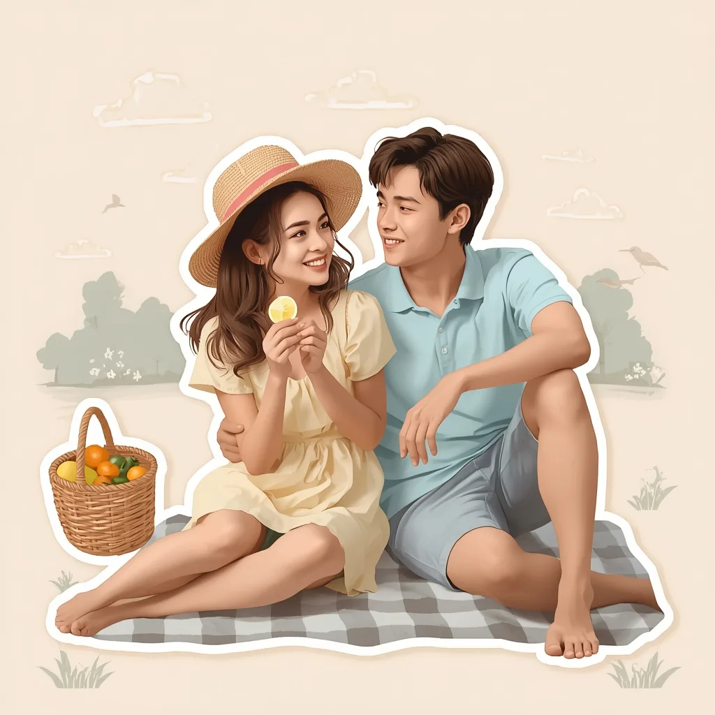 Romantic Couple's Pastel Sticker Art: Picnic in the Park
