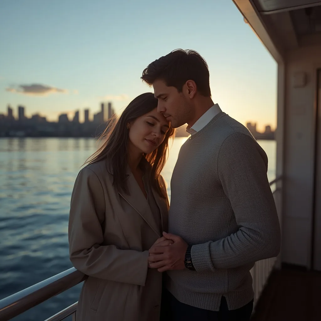 Romantic Couple's Shared Moment on a City Ferry