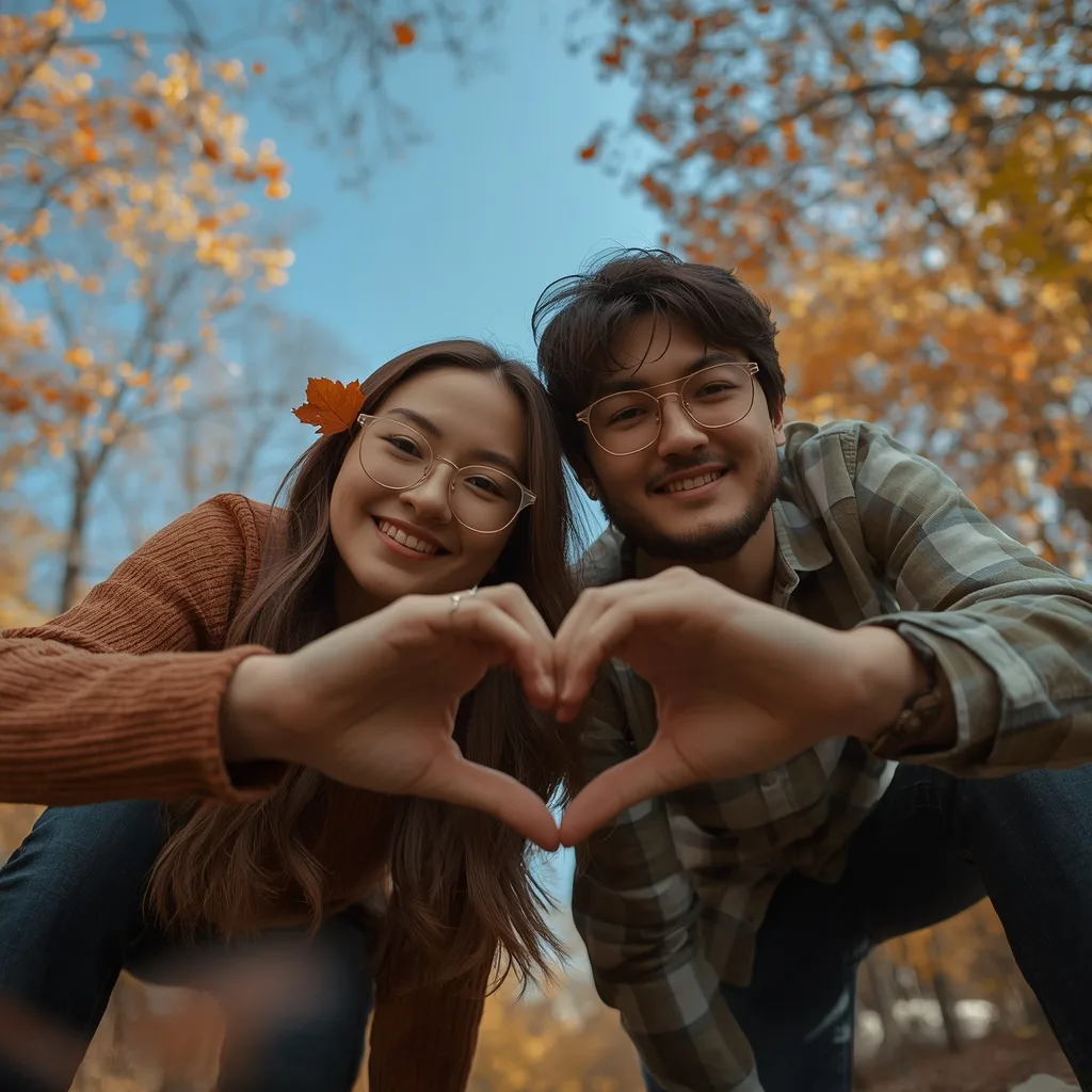 Romantic Couple's Stylish Low-Angle: Hand-Heart in an Autumn Forest