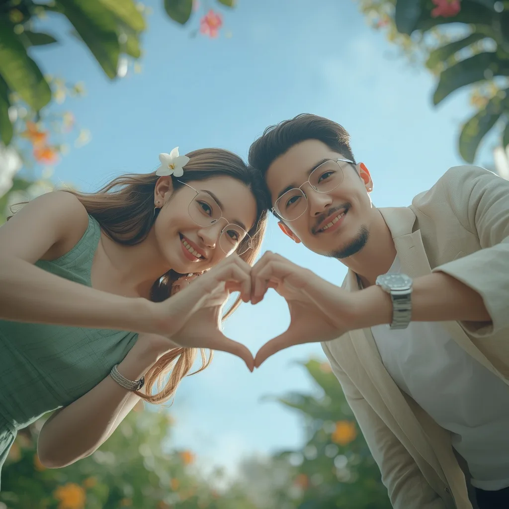 Romantic Couple's Stylish Low-Angle: Hand-Heart in Botanical Garden