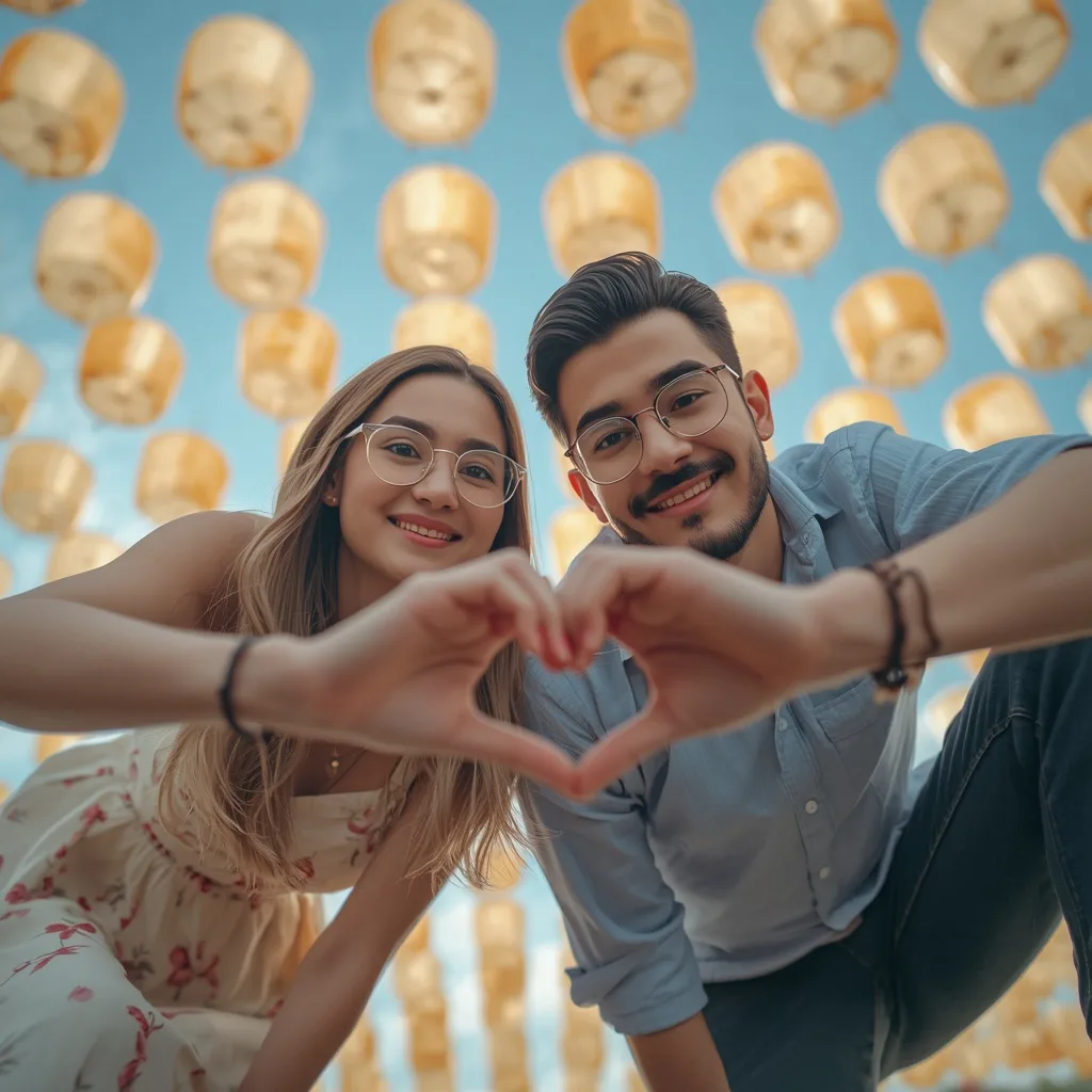 Romantic Couple's Stylish Low-Angle: Hand-Heart under Glowing Lanterns