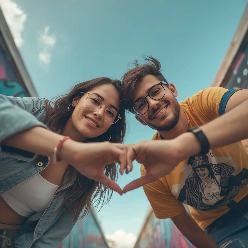 Romantic Couple's Stylish Low-Angle: Hand-Heart under Vibrant Graffiti