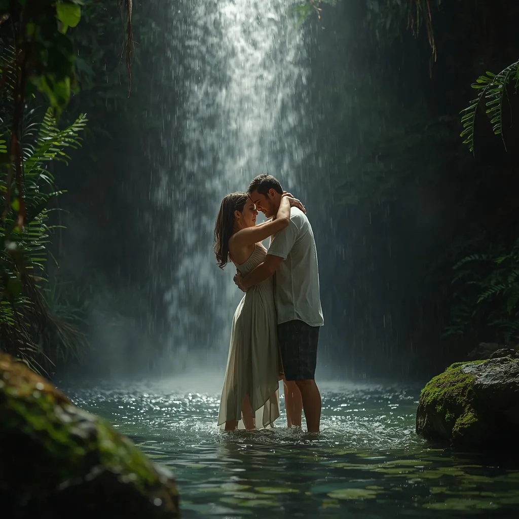 Romantic Couple's Tender Moment Under a Waterfall