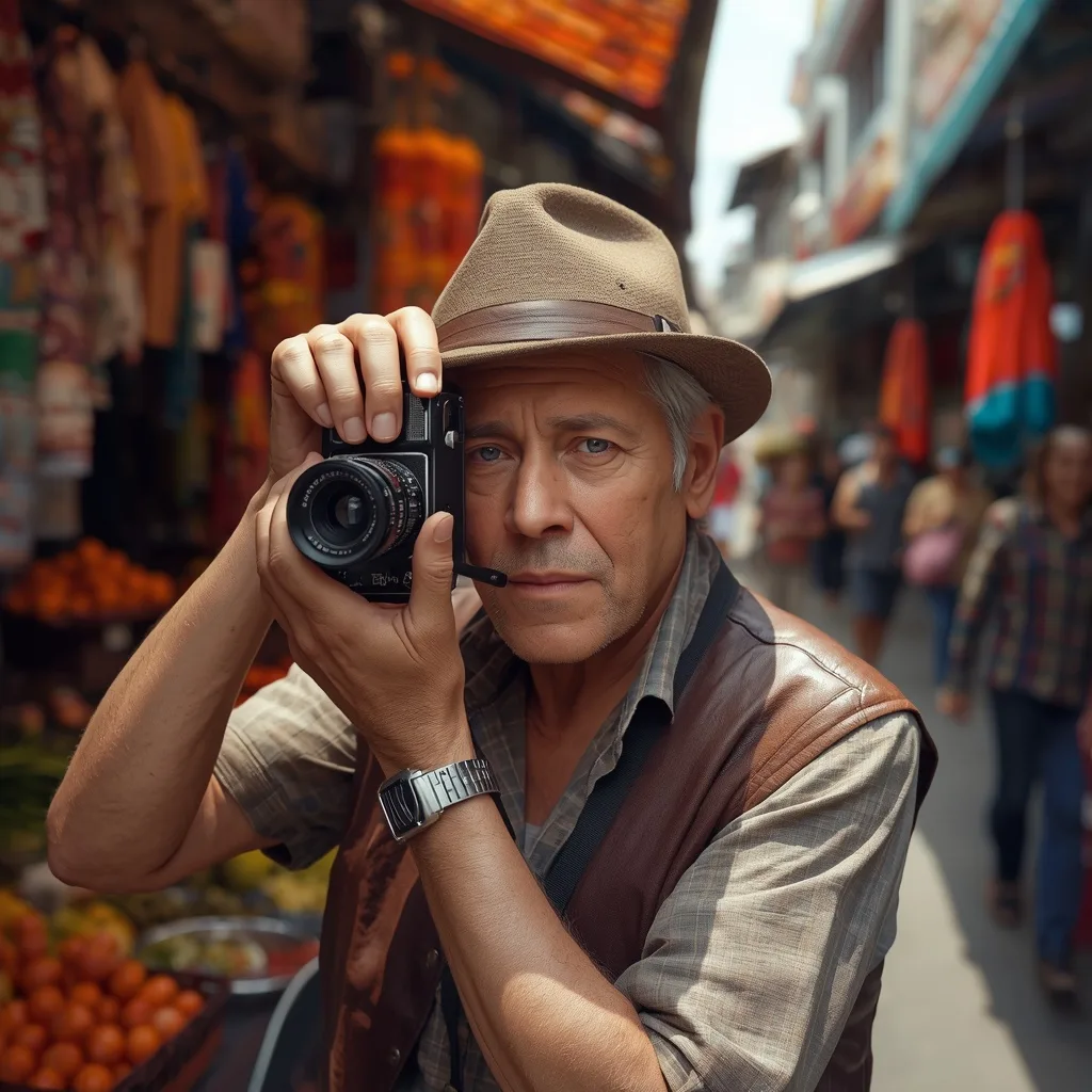 Seasoned Photographer: Man in a Vibrant Street Scene