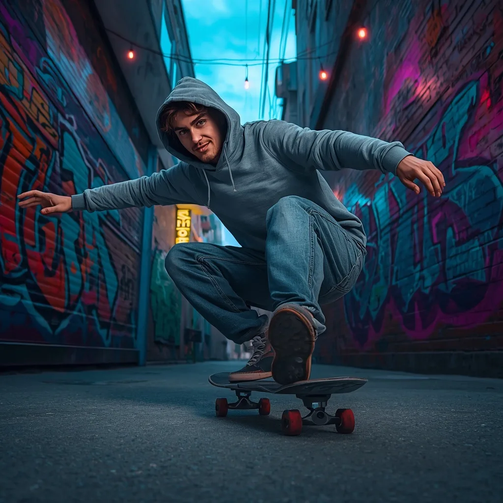Urban Skater: A Man's Dynamic Pose in an Alley