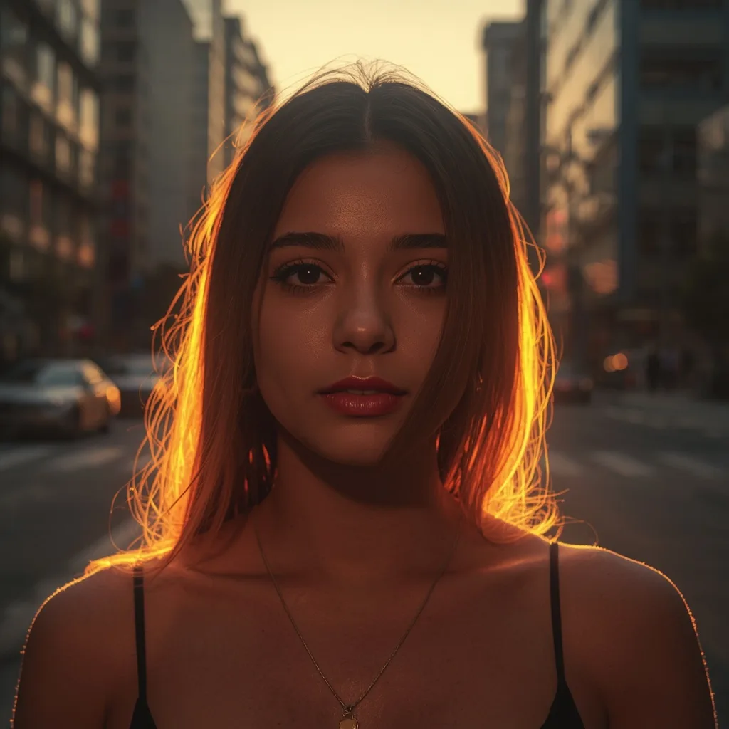 Urban Sunset Glow: A Dynamic Street Photography Shot – realistic photo dslr ai prompts – AI generated example