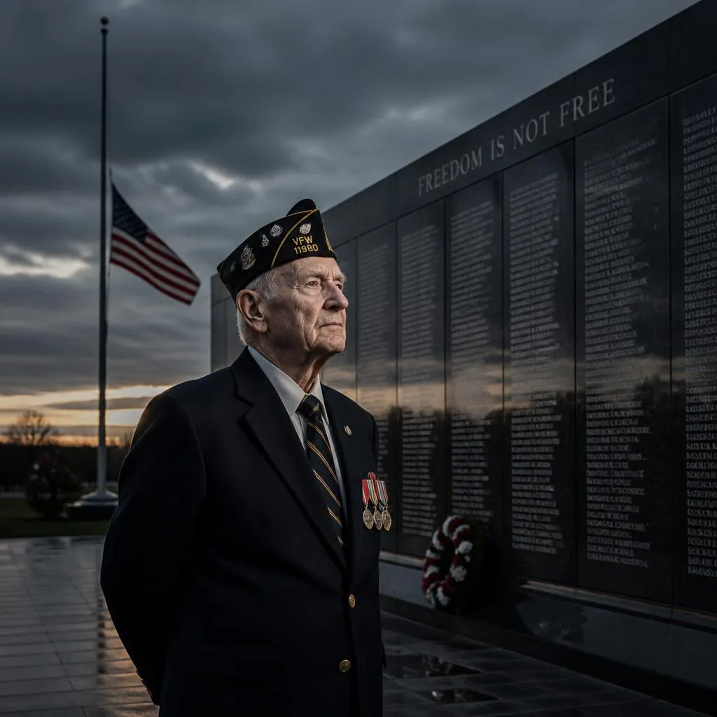 Veteran's Quiet Reflection at a War Memorial – handsome boy's ai prompts – AI generated example