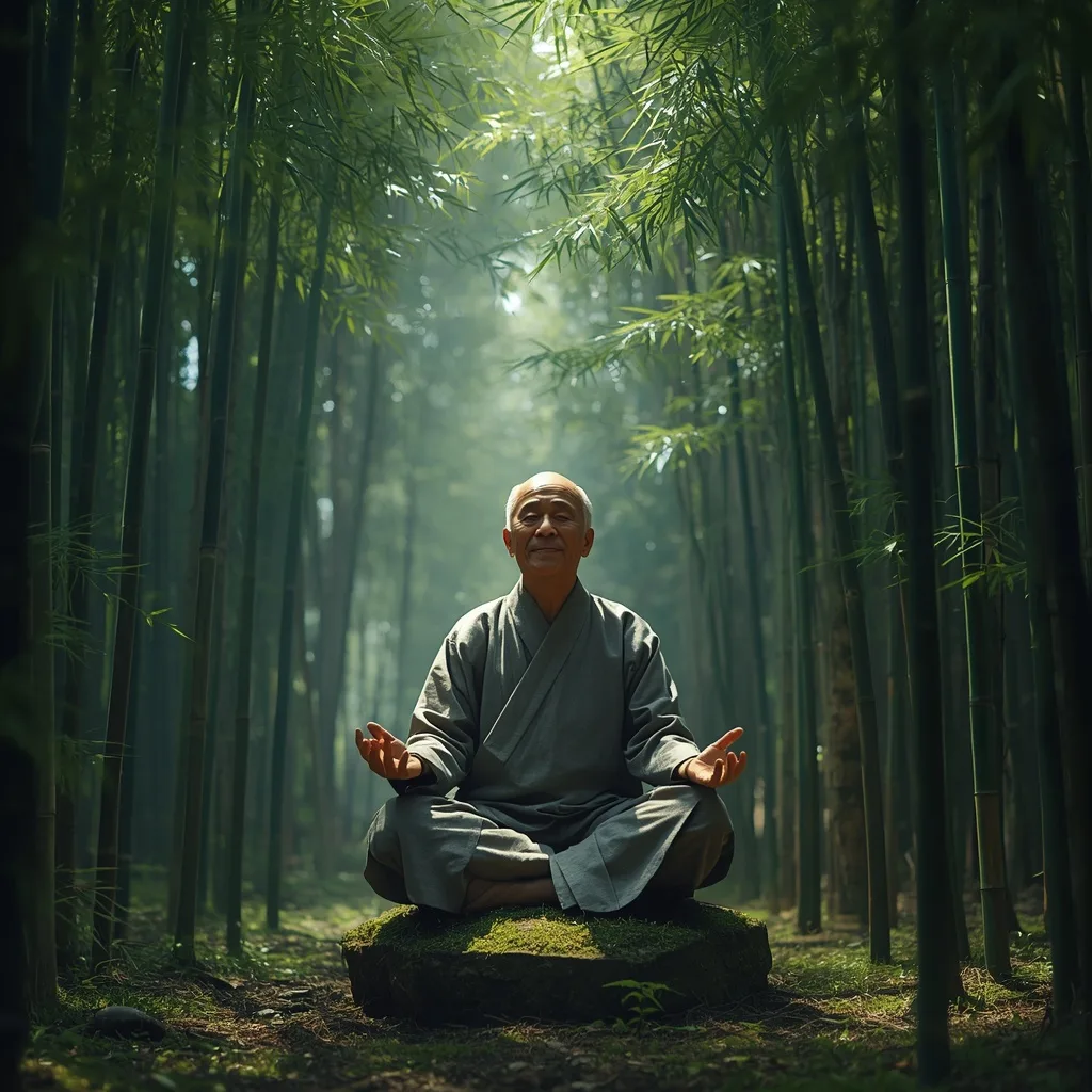 Zen Master's Tranquil Contemplation in a Bamboo Forest – handsome boy's ai prompts – AI generated example