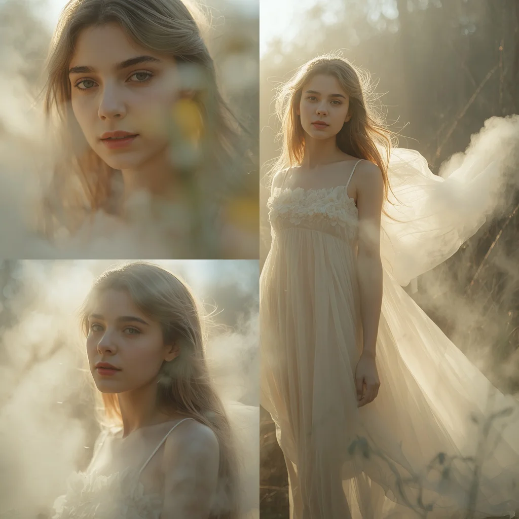 A Serene Collage of a Beautiful Girl with Ethereal Mist and Gentle Sunlight | prompts for look — AI image prompt
