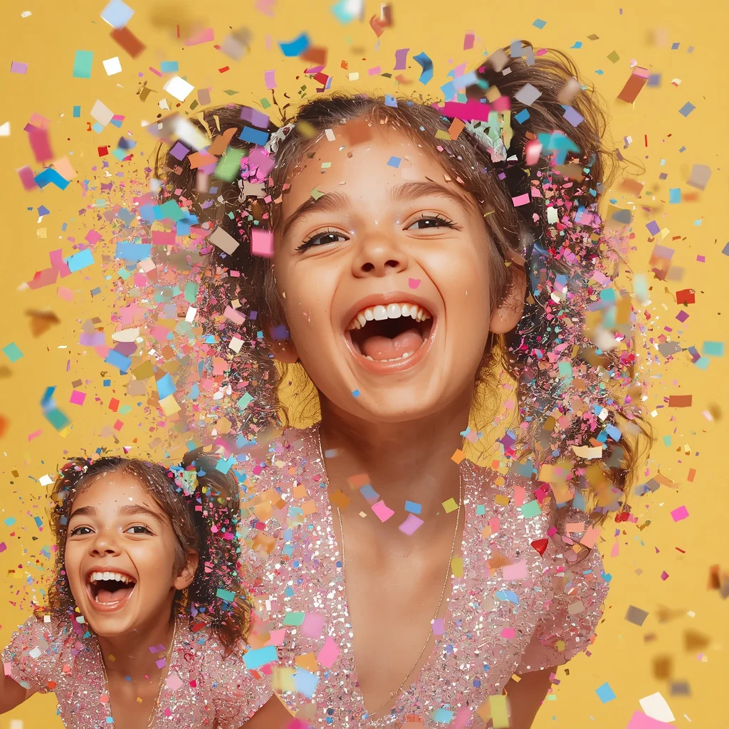 A Vibrant Collage of a Cute Girl with Confetti and Sparkling Streamers | traditional prompt for gemini ai girl aesthetic — AI image prompt