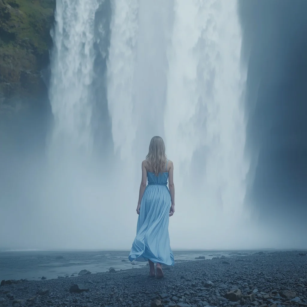 Beautiful Girl in Flowy Silk Dress with Cascading Waterfall | bridal ai prompt — AI image prompt
