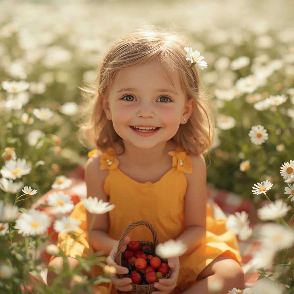 Cute Girl's Joyful Picnic in a Field of Blooming Daisies | ai new prompt free download — AI image prompt