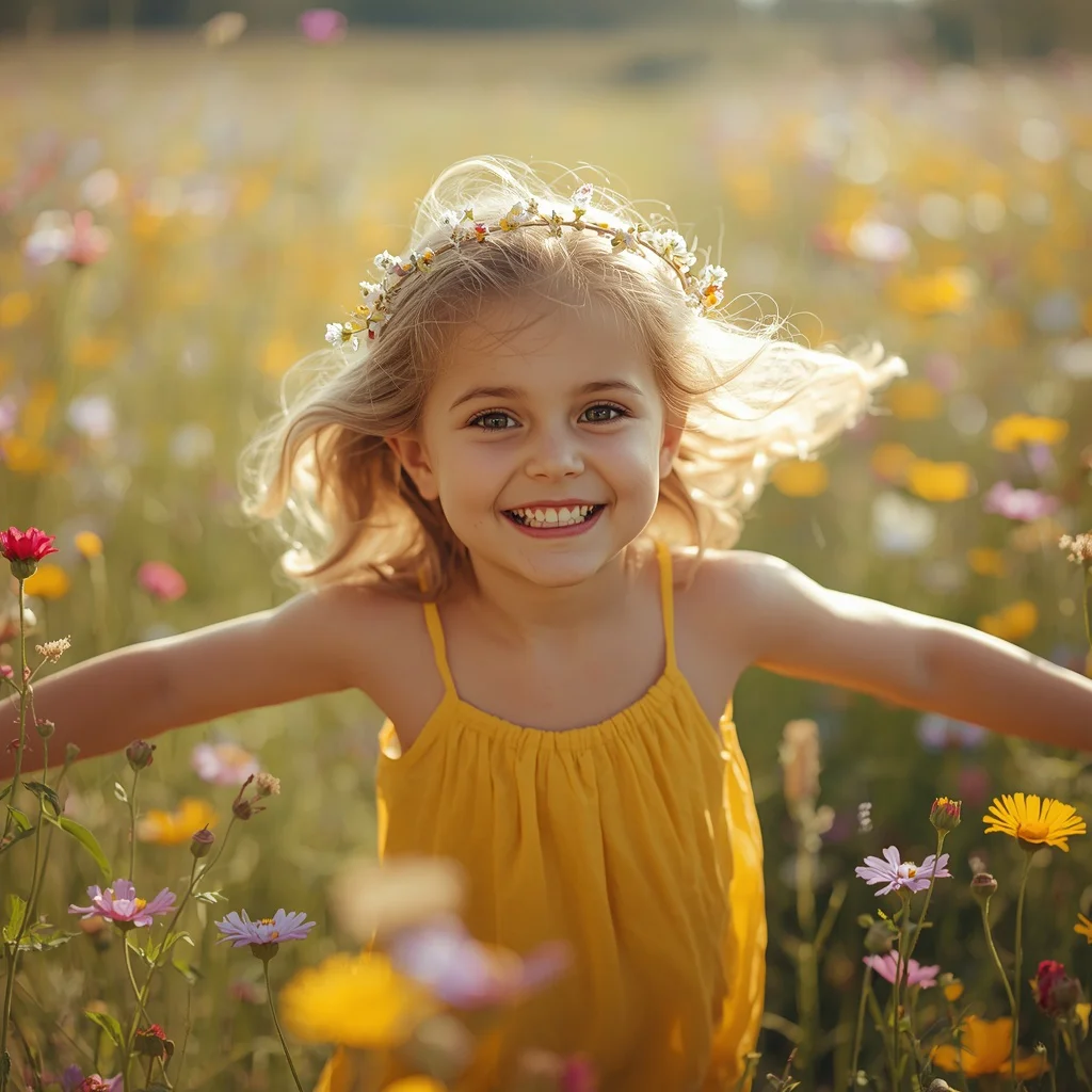 Cute Girl's Joyful Play in a Sunny Field of Wildflowers | retro style prompt for Gemini girl — AI image prompt