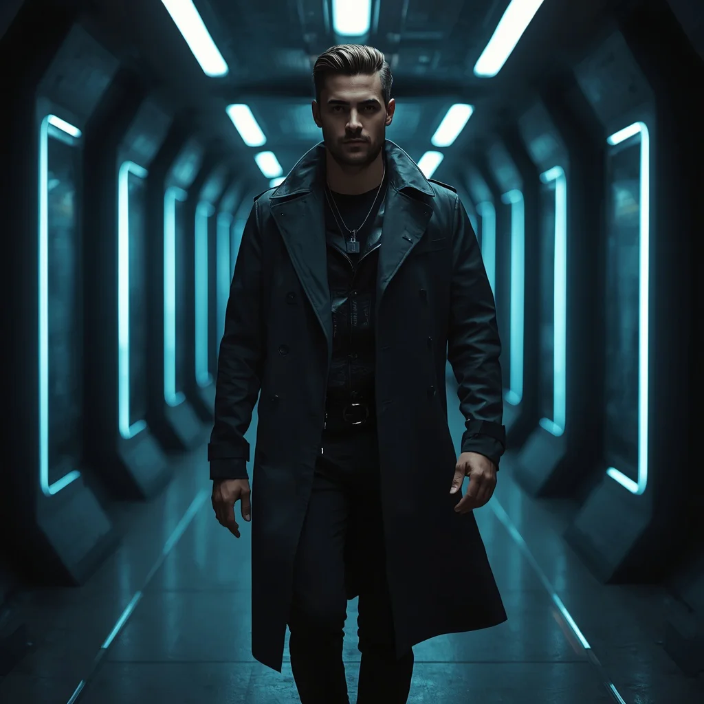 Fashionable Man Sci-Fi Corridor Sleek Aesthetic Cyberpunk Glamour | Men prompt generator instagram — AI image prompt