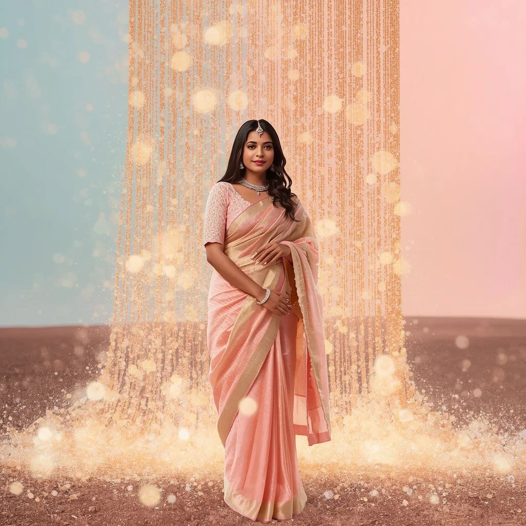 Opulent Falling Pearl Dust Collage with Indian Woman in Saree | ai prompt text to image — AI image prompt