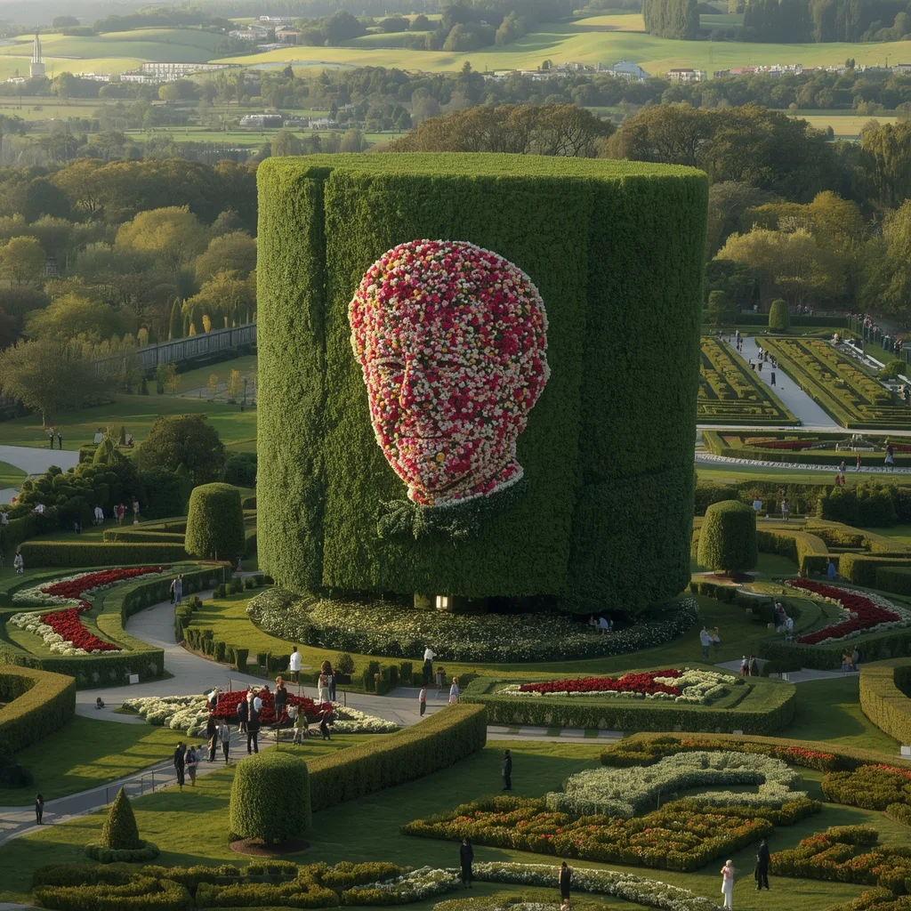 A Breathtaking Giant Floral Topiary Portrait Bush — AI image prompt