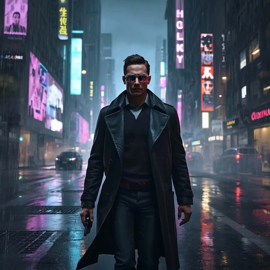 A Determined Man in a Cyberpunk Rainy Cityscape — AI image prompt