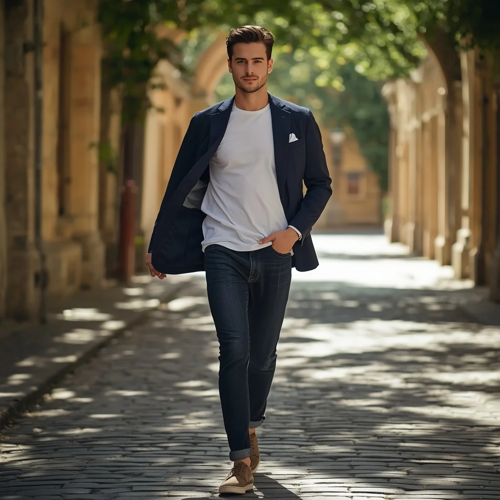 A Handsome Man's Stylish Stroll Through a Sun-Dappled European Cobblestone Street — AI image prompt