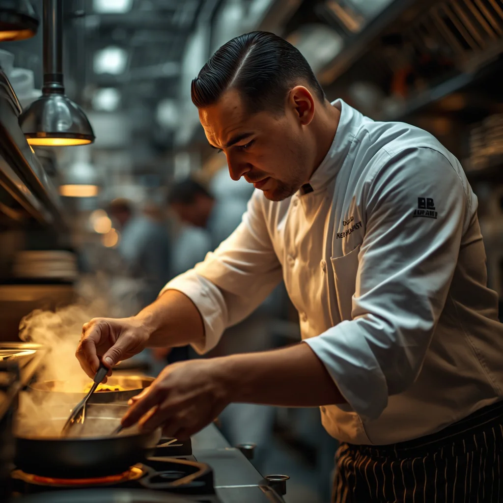 A Male Chef's Passionate Culinary Creation in a High-End Restaurant Kitchen — AI image prompt