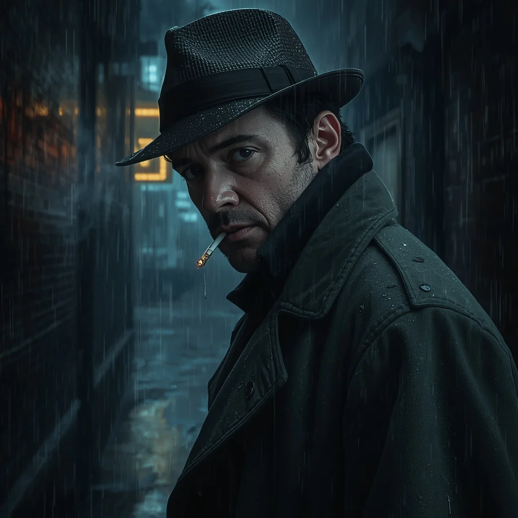 A Male Detective's Gritty Investigation in a Rain-Soaked Film Noir City — AI image prompt