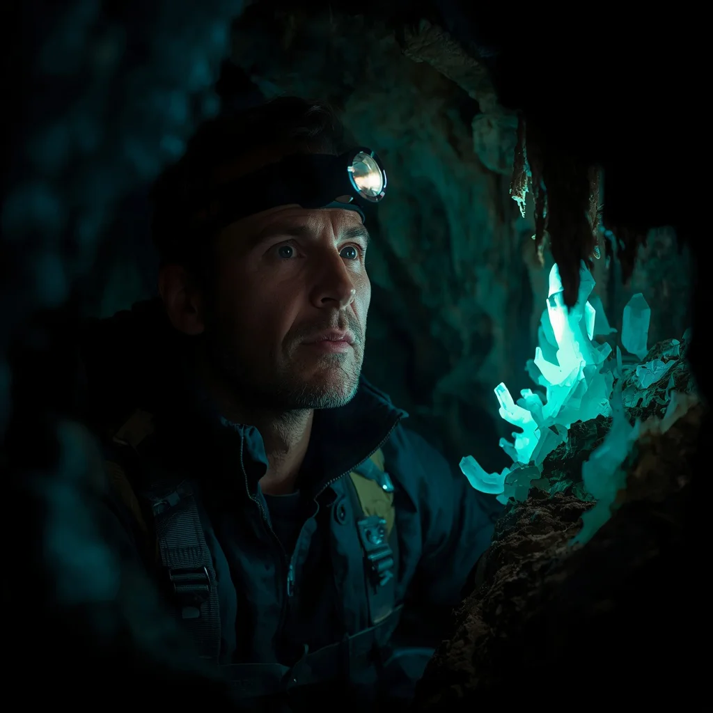 A Male Explorer's Glimpse into an Ancient, Glowing Cave System — AI image prompt