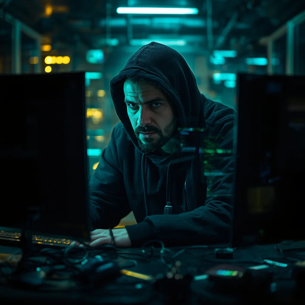 A Male Hacker's Intense Focus in a Cyberpunk Data Breach Scenario — AI image prompt