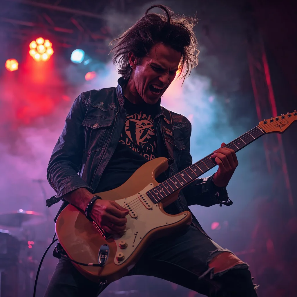 A Male Musician's Passionate Guitar Solo Under Smoky Stage Lights — AI image prompt