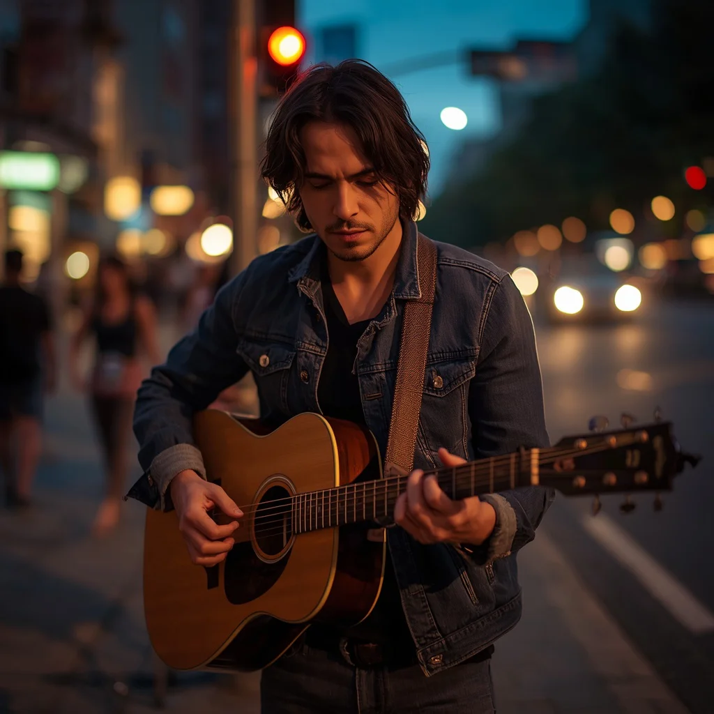 A Male Musician's Soulful Performance on a Street Corner at Dusk — AI image prompt