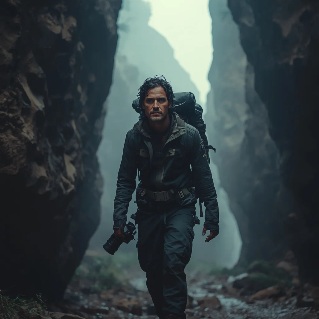 A Male Photographer's Adventurous Journey Through a Misty Canyon — AI image prompt