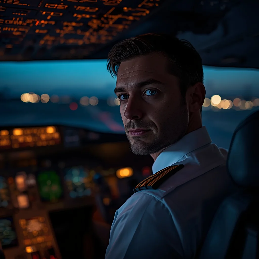 A Male Pilot's Confident Glance from the Cockpit Before Takeoff — AI image prompt
