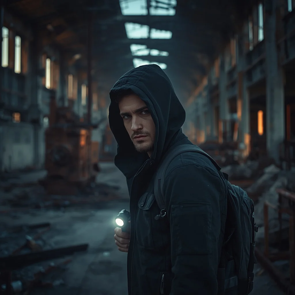 A Male Urban Explorer's Intense Gaze in a Deserted Industrial Complex — AI image prompt
